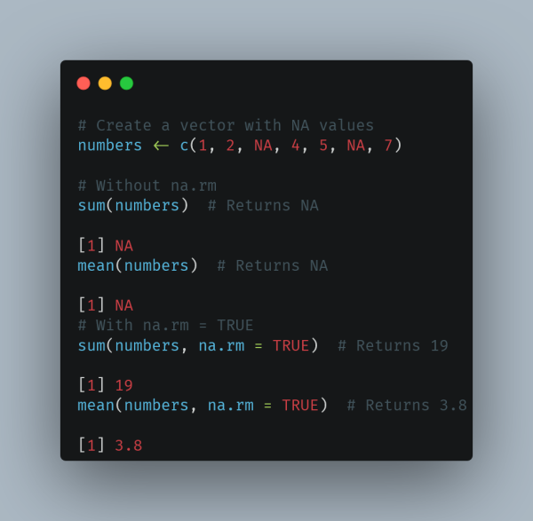 Alt text: "A code editor window showing R programming examples of na.rm usage. The code demonstrates vector operations with and without na.rm=TRUE, including sum() and mean() functions. The window has the classic macOS-style red, yellow, and green buttons at the top. The code is syntax-highlighted with comments in grey-green, functions in light blue, and values in red, making it easily readable against the dark background."