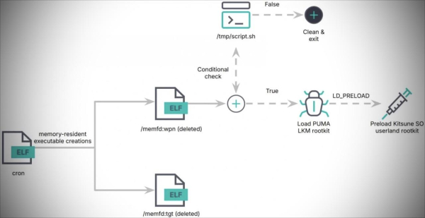 [ImageSource: Elastic Security]

Pumakit Infection Chain.

Pumakit employs a multi-stage infection process starting with a dropper named 'cron,' which executes embedded payloads ('/memfd:tgt' and '/memfd:wpn') entirely from memory.

The '/memfd:wpn' payload, which executes in a child process, performs environment checks and kernel image manipulation and eventually deploys the LKM rootkit module ('puma.ko') into the system kernel.

Embedded within the LKM rootkit is Kitsune SO ('lib64/libs.so'), acting as the userland rootkit that injects itself into processes using 'LD_PRELOAD' to intercept system calls at the user level.