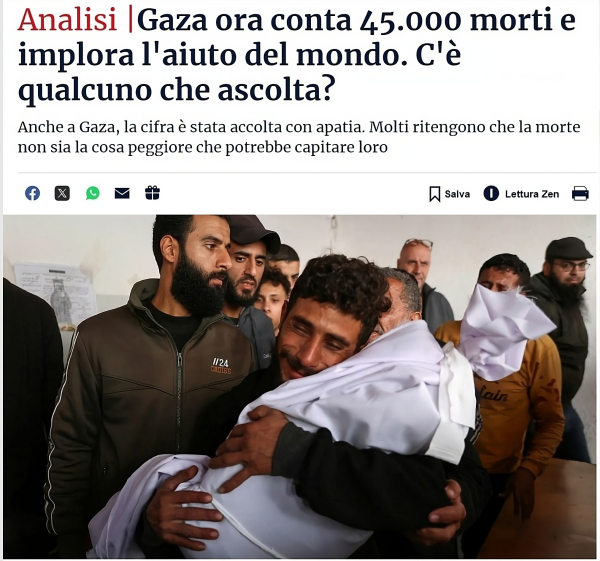 "Un uomo palestinese abbraccia il cadavere del suo bambino di 2 anni, ucciso in un attacco israeliano a Gaza City, questo mese."
Credito: Omar Al-Qattaa/AFP