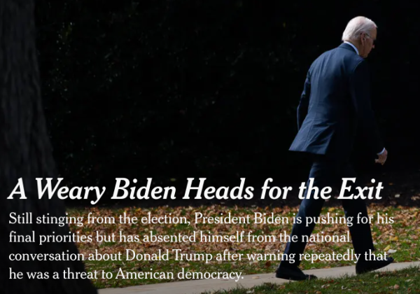 A Weary Biden Heads for the Exit
Still stinging from the election, President Biden is pushing for his final priorities but has absented himself from the national conversation about Donald Trump after warning repeatedly that he was a threat to American democracy.