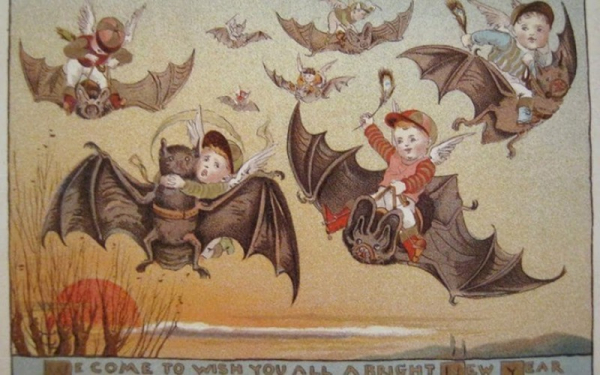 Bizarre Victorian Christmas card (although strictly speaking this one is a New Year card).  A bunch of small children with wings, brandishing feathers whilst riding bats as the sun sets over a body of water.  Text reads:
COME TO WISH YOU ALL A BRIGHT NEW YEAR