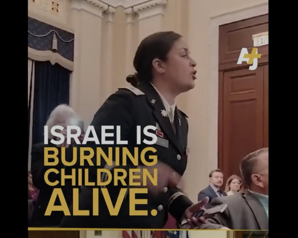 Josephine Guilbeau protesting at a congressional hearing about Gaza