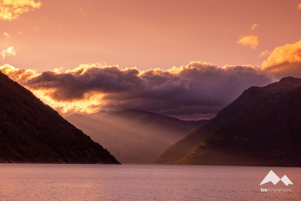 beautiful sunrise over a fjord in Norway