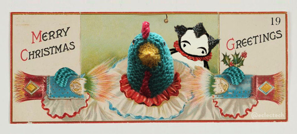 An edited version of an old greetings card. The original had a large clown face in the centre between two halves of a cracker being pulled. The clown wears traditional clowning outfit (red frilly collar, white frilled smock), had three pinnacles of black hair and traditional made-up face. Above the cracker on the left it says "Merry Christmas", and on the right it says "Greetings".

I have changed the clown to be a knitted chicken, with wing tips holding the cracker, and head poking up from the frilled outfit, looking straight to camera. Behind her I have added Friend, a simple drawn figure, but have added the clown hair and eyebrows, and given them a red frilly collar.