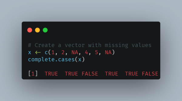 A code snippet in R creating a vector `x` with missing values (`NA`) and using `complete.cases(x)` to check which elements are non-missing, outputting `TRUE TRUE FALSE TRUE TRUE FALSE`.