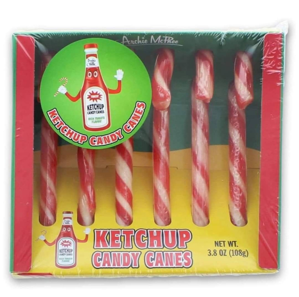 a package of candy canes that are labeled: ketchup candy canes