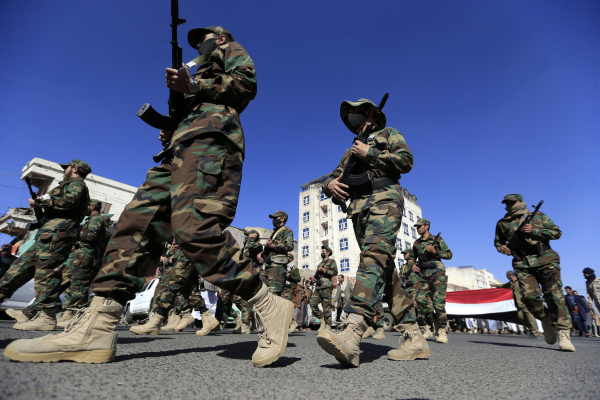 Yemen, Houthi, fighters, march, in, Sanaa