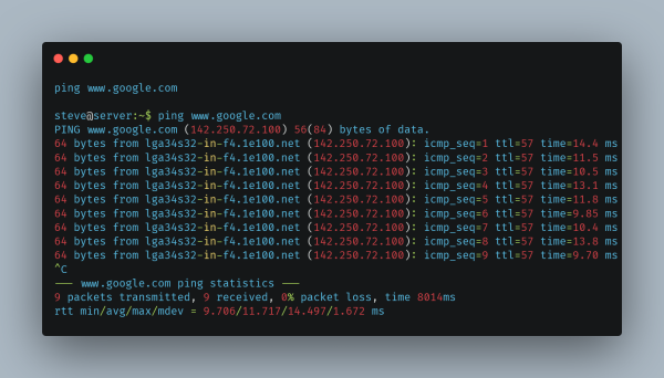 A terminal window showing the output of a ping command to www.google.com. The command sends ICMP echo requests and provides round-trip times for each packet sent. It shows 9 packets transmitted and successfully received with 0% packet loss. Latency values for each packet range between 9.70 ms and 14.4 ms. The statistics at the end summarize the minimum, average, maximum, and standard deviation of the round-trip times.