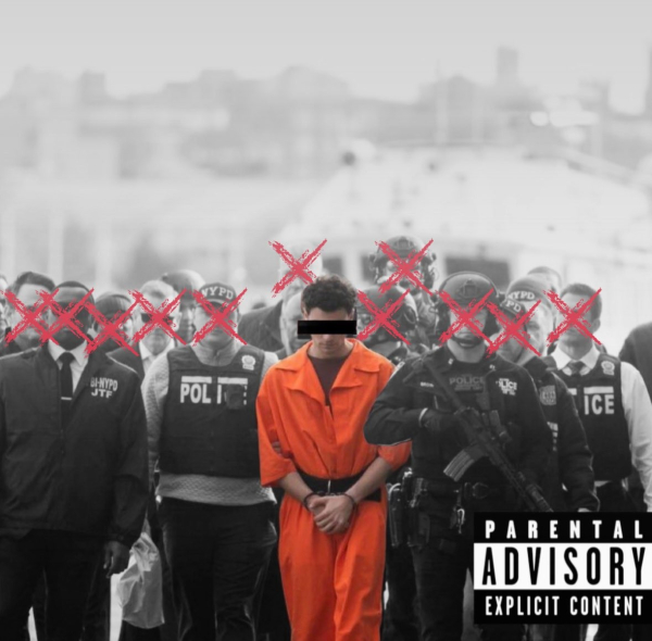 The photo of Luigi Mangione being perp walked with red X's over the cops' faces and a black censor bar over Luigi's eyes. A parental advisory label is in the bottom right corner