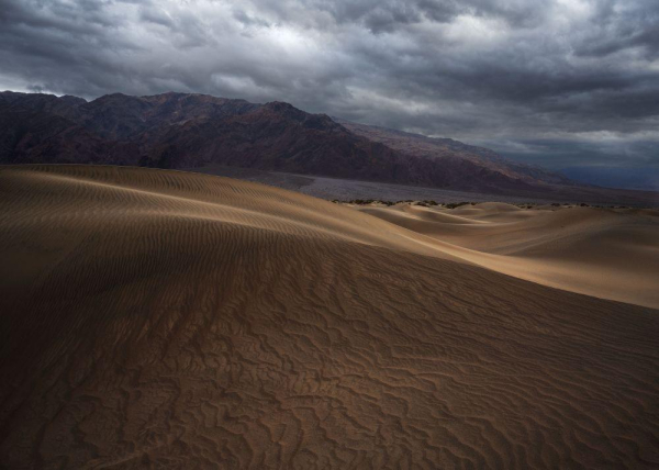 A wide shot of sand dunes stretching across the foreground, textured with ripples and patterns from wind. In the background, a range of dark-colored mountains extends across the horizon under a cloudy, overcast sky.