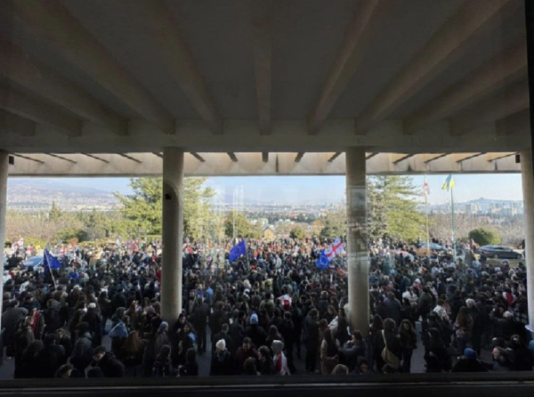 Thousands of protestors in Tbilisi, Georgia block the road in an underpass on the main highway.