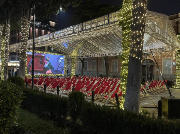 Empty outdoor cinema at the Christmas village in Tbilisi, Georgia.