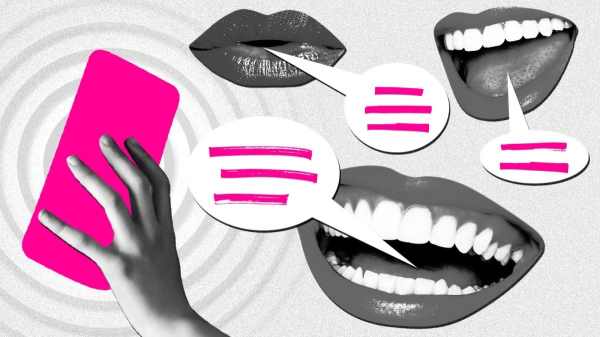 Collage. a phone is held in a hand and three sets of lips shown making noises.