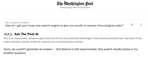 How do I get your lousy new search engine to give me results in reverse chronological order?
Sorry, we couldn't generate an answer — this feature is still experimental. See search results below or try another question.