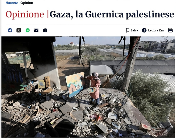 La pittrice palestinese Maysaa Youssef, che organizza sessioni d'arte per bambini, dipinge tra le rovine del suo studio, nel mezzo del conflitto tra Israele e Hamas, a Deir Al-Balah nella Striscia di Gaza centrale, dicembre. Credito: Ramadan Abed/REUTERS