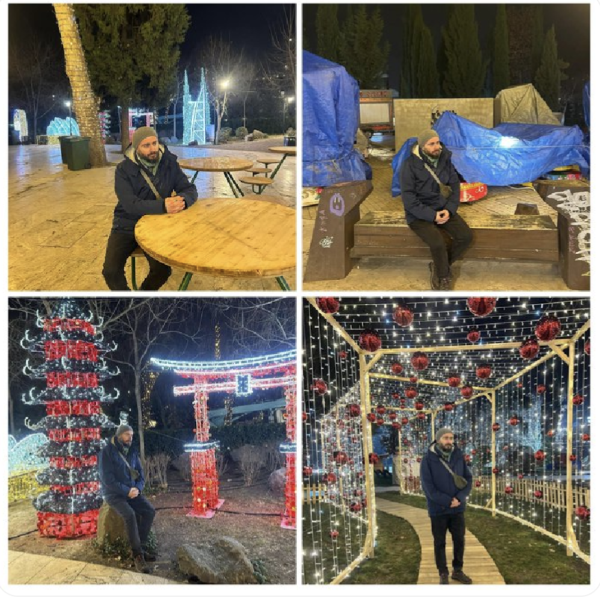 Photos by Nikoloz Humonodi posing in various places in a deserted Christmas village in Tbilisi, Georgia