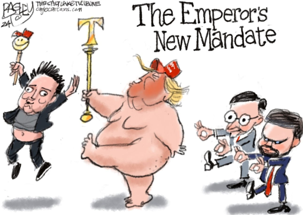 cartoon showing naked emperor Trump marching behind court jester Musk and followed by  Mike Johnson and JD Vance who are holding out neo Nazis white supremacist hand signals