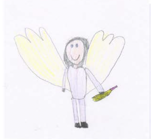 Children drawing of an angel with yellow wings holding an item in its hand