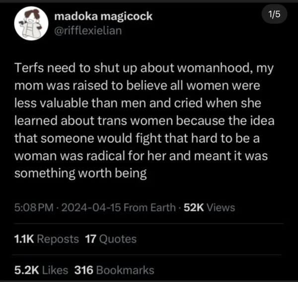 Tweet from madoka magicock
@rifflexielian

Terfs need to shut up about womanhood, my
mom was raised to believe all women were
less valuable than men and cried when she
learned about trans women because the idea
that someone would fight that hard to be a
woman was radical for her and meant it was
something worth being