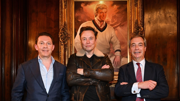 Photo of three Men, Caption Nick Candy with Elon Musk and Nigel Farage at Mar-a-Lago in Florida last week