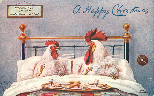 An illustration of a hen and cockerel in a B&B bed eating breakfast of egg and toast and coffee, looking at each other. It says A happy Christmas at the top.