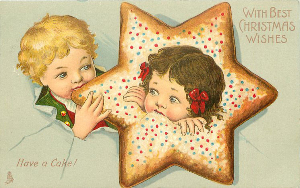 An illustrated image with the message "With best Christmas wishes. Have a cake!" and showing a large star shaped cake with sprinkles on, and a young child's head and hands poking through. I think she's nibbling on it. It's on a grey backdrop which has also been burst through by a small child, who is also nibbling the cake, but from the outside.