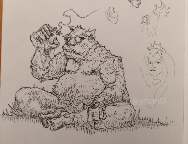 A kind of troll with fur, sitting in the grass with both soles of his feet put together. It is raising their hand & loking at it, while a butterfly is flying in between this fingers.

To the right, a quick drawing of a person with a crown.