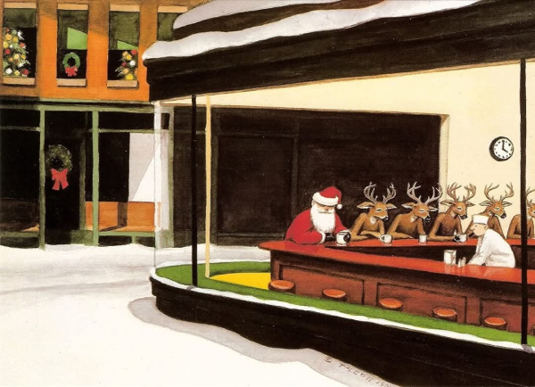 spoof of The Nighthawks by Edward Hopper -- in this version it is santa and his reindeer sitting in the diner