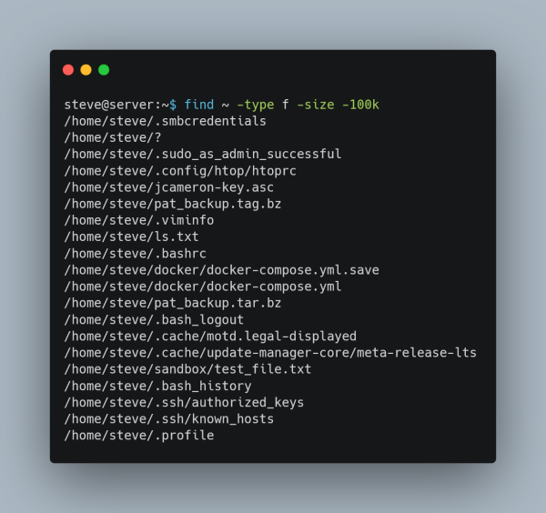 A terminal window with a command find ~ -type f -size -100k executed. The output lists files under the user's home directory that are smaller than 100 KB, including .smbcredentials, .bashrc, docker-compose.yml, test_file.txt, .profile, and others.