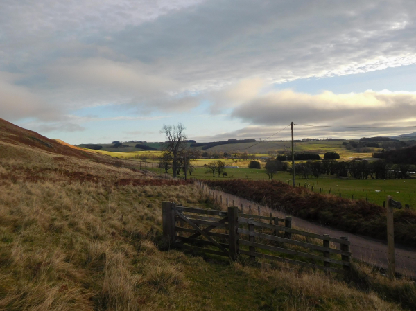 Colour photograph featuring a hillside sweeping down from the left. There is a road running along the right hand side of the frame with a post and wire fence and a five bar wooden gate. There are fields beyond the road and a pale blue sky full of mackerel cloud.