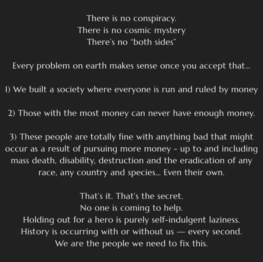 There is no conspiracy.
There is no cosmic mystery
There's no “both sides”

Every problem on earth makes sense once you accept that...
1) We built a society where everyone is run and ruled by money
2) Those with the most money can never have enough money.
3) These people are totally fine with anything bad that might
occur as a result of pursuing more money - up to and including
mass death, disability, destruction and the eradication of any
race, any country and species... Even their own.

That's it. That's the secret.
No one is coming to help.
Holding out for a hero is purely self-indulgent laziness.
History is occurring with or without us — every second.
We are the people we need to fix this.