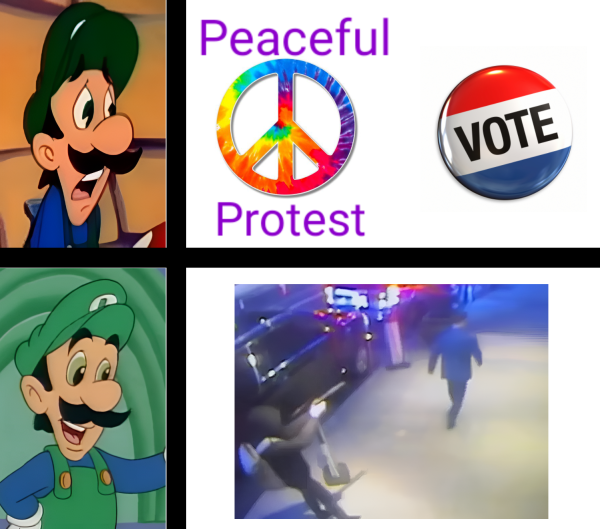 On the top is an image of Luigi from the Mario games looking dejected while looking at a peace sign with the words "peaceful protest" around it and a "vote" pin. On the bottom is an image of Luigi from the Mario games looking happy while looking at a screenshot from the security camera footage of Luigi Mangione shooting former CEO of United Healthcare Brian Thompson.