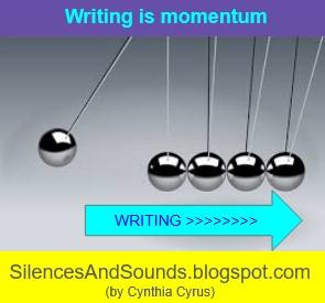 "Writing is momentum" with an image of a newton's cradle plus an arrow showing the momentum that writing provides.