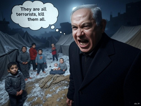 Netanyahu snarls "They are all terrorists, kill them all". (AI cartoon by me)