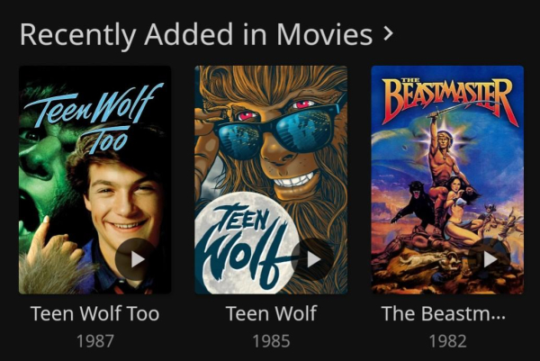 A screenshot from my Jellyfin server showing the "Recently added in movies" section with the following movies shown.

- Beastmaster
- Teen Wolf
- Teen Wolf Too