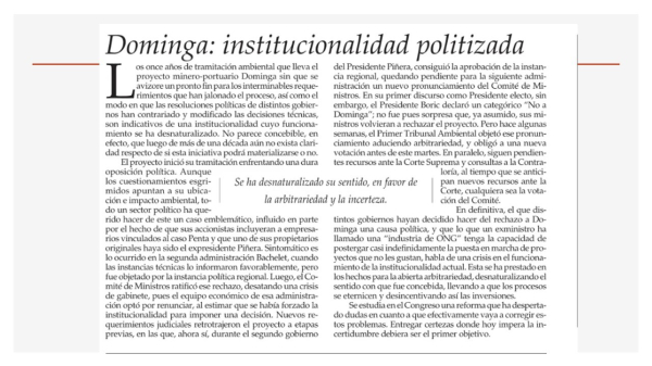 Dominga:
institucionalidad politizada (editorial El Mercurio dgital)