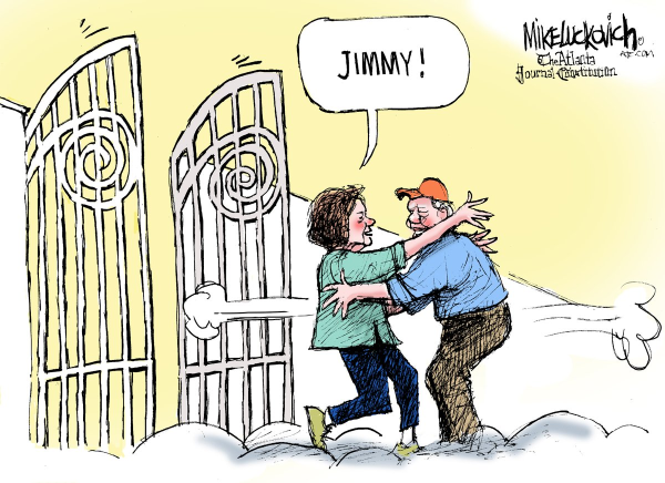 Meme: Shows Rosalyn Carter at the "pearly gates" welcoming her beloved, Jimmy, into her arms exclaiming "Jimmy!"