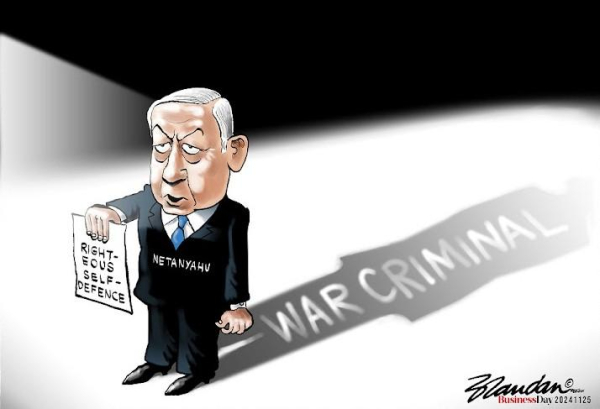 Cartoon of Benjamin Netanyahu as a war criminal, by Brandan Reynolds