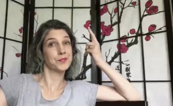 An attractive, middle-aged woman with long hair sitting in front of a Chinese screen in a casual gray top, she’s pointing up. Her lips are pursed and her expression says “seriously guys  pay attention”.