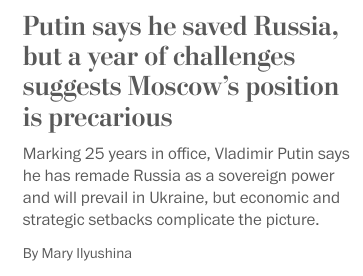 Putin says he saved Russia, but a year of challenges suggests Moscow’s position is precarious