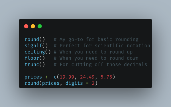 A code snippet in a dark-themed editor demonstrates various R functions for rounding numbers. The functions listed include `round()`, `signif()`, `ceiling()`, `floor()`, and `trunc()`, each with a comment explaining its purpose. Below the list, an example shows the creation of a vector `prices` with values 19.99, 24.49, and 5.75, and the use of the `round()` function to round the vector to 2 decimal places.