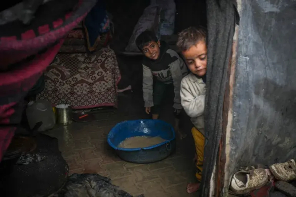 Brothers Belal, 5, and Mohammed Hamad, 7, collect water from their flooded family tent [Abdel Kareem Hana/AP Photo]