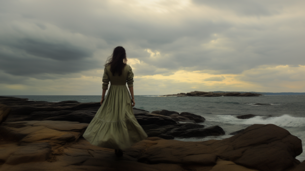 Midjourney image of a woman looking at an off-shore island