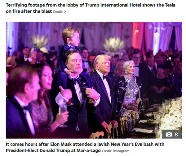 Elon Musk with Donald Trump at a black-tie New Year's Eve event at Mar-a-Lago - He has one of his small children on his shoulders, as he always does these days, seemingly acting as a human shield.