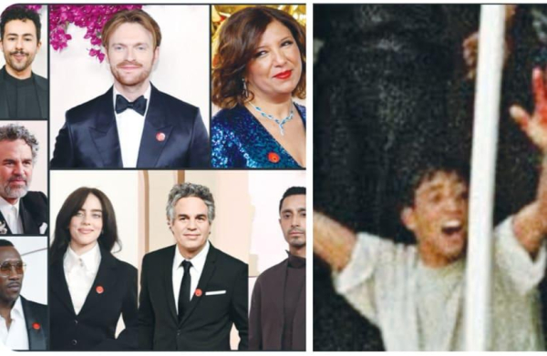 
BILLIE EILISH, Mark Ruffalo, Ramy Youssef, and others wore a pin of a red hand at the Oscars (left), failing to understand that the red hand is a symbol of the red hands of Aziz Salha after he killed two Jews in a lynching in Ramallah in 2000 (right.)
(photo credit: LESLIE KAJOMOVITZ/X)
