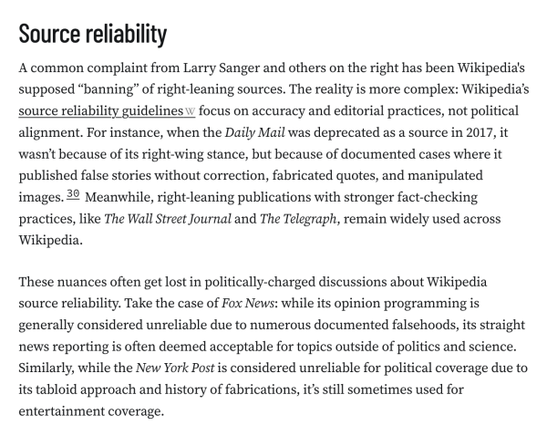 Source reliability
A common complaint from Larry Sanger and others on the right has been Wikipedia's supposed “banning” of right-leaning sources. The reality is more complex: Wikipedia’s source reliability guidelines focus on accuracy and editorial practices, not political alignment. For instance, when the Daily Mail was deprecated as a source in 2017, it wasn’t because of its right-wing stance, but because of documented cases where it published false stories without correction, fabricated quotes, and manipulated images.30 Meanwhile, right-leaning publications with stronger fact-checking practices, like The Wall Street Journal and The Telegraph, remain widely used across Wikipedia.

These nuances often get lost in politically-charged discussions about Wikipedia source reliability. Take the case of Fox News: while its opinion programming is generally considered unreliable due to numerous documented falsehoods, its straight news reporting is often deemed acceptable for topics outside of politics and science. Similarly, while the New York Post is considered unreliable for political coverage due to its tabloid approach and history of fabrications, it’s still sometimes used for entertainment coverage.