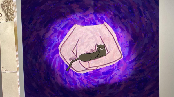 A stylized illustration of a cat lying in a person’s arms, set against a colorful purple and blue swirling background.