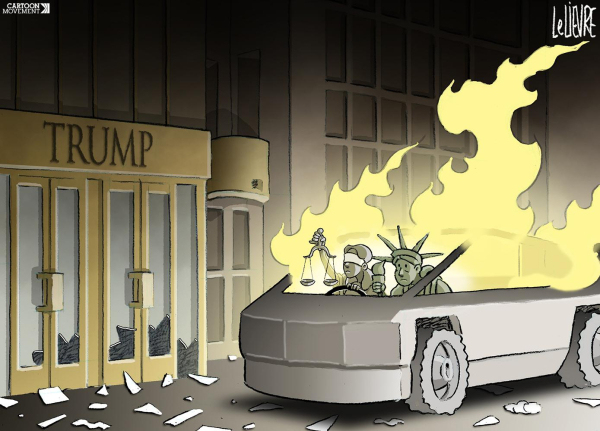 Cartoon showing a burning Tesla Cybertruck outside a building with the word 'Trump' on it in big letters. In the burning car, we see Lady Justice and the Statue of Liberty, staring out despondently.