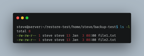 A terminal screenshot showing the output of the ls -l command in a Linux environment. The directory path is /restore-test/home/steve/backup-test. Two files, file1.txt and file2.txt, are listed with their permissions (-rw-rw-r--), owner (steve), group (steve), file size, and timestamps (Jan 3 08:00). The terminal has a dark theme with colored text for better readability.