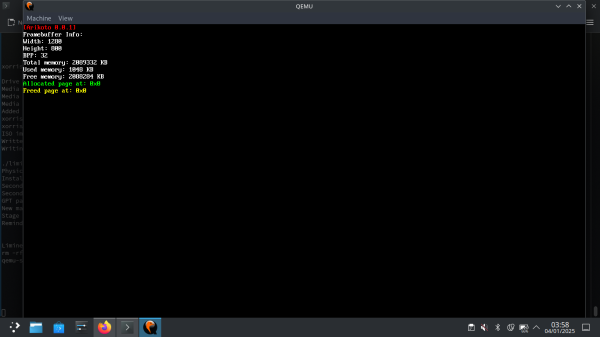 [Arikoto 0.0.1]
Framebuffer Info:
Width: 1280
Height: 800
BPP: 32
Total memory: 2089332 KB
Used memory: 1048 KB
Free memory: 2088284 KB
Allocated page at: 0x0
Freed page at: 0x0